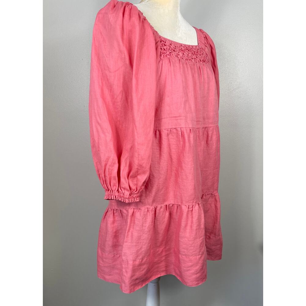 Tyler Boe Ansley Linen Mini Puff Sleeve Tiered Dress Coral Pink Small Beachy - Picture 7 of 13